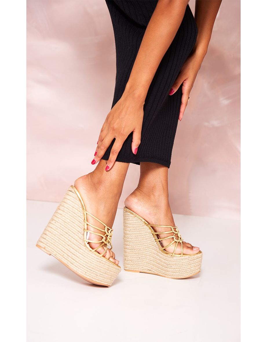 Shop Gold PU Knotted Twists High Heeled Espadrille Wedges Online in Qatar VogaCloset