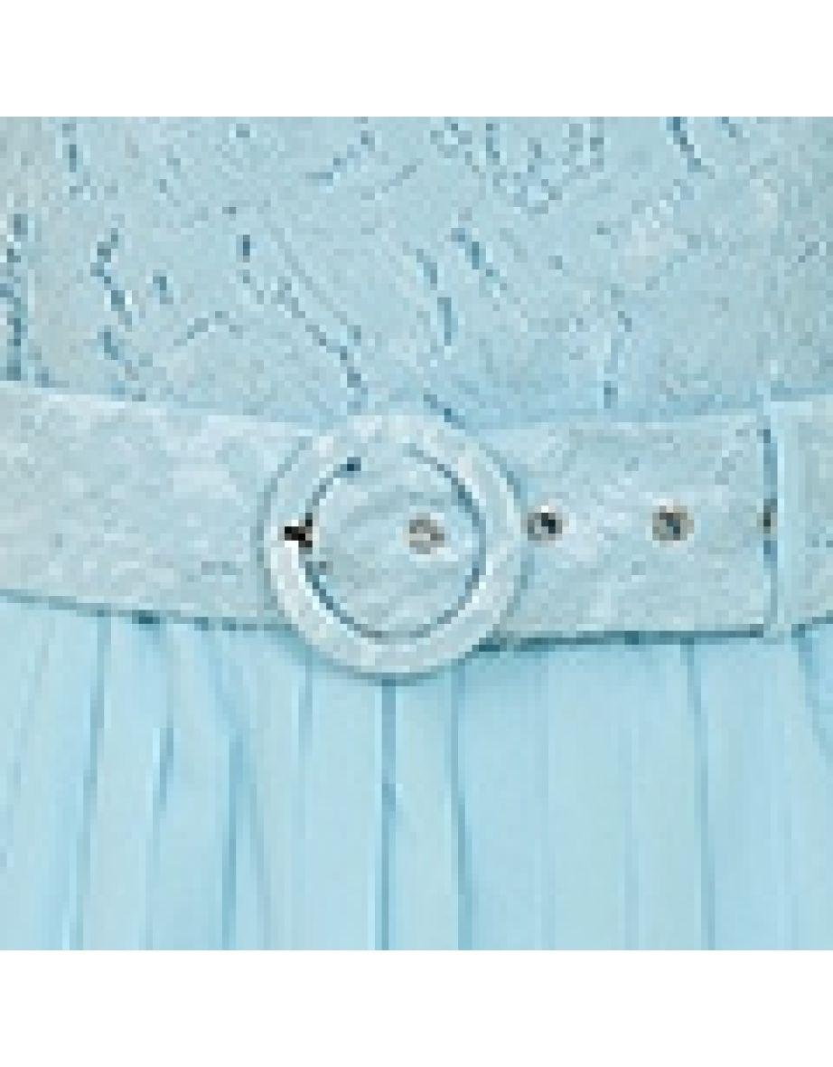 Yumi Blue Lace Dress With Pleated Skirt and Belt - 5