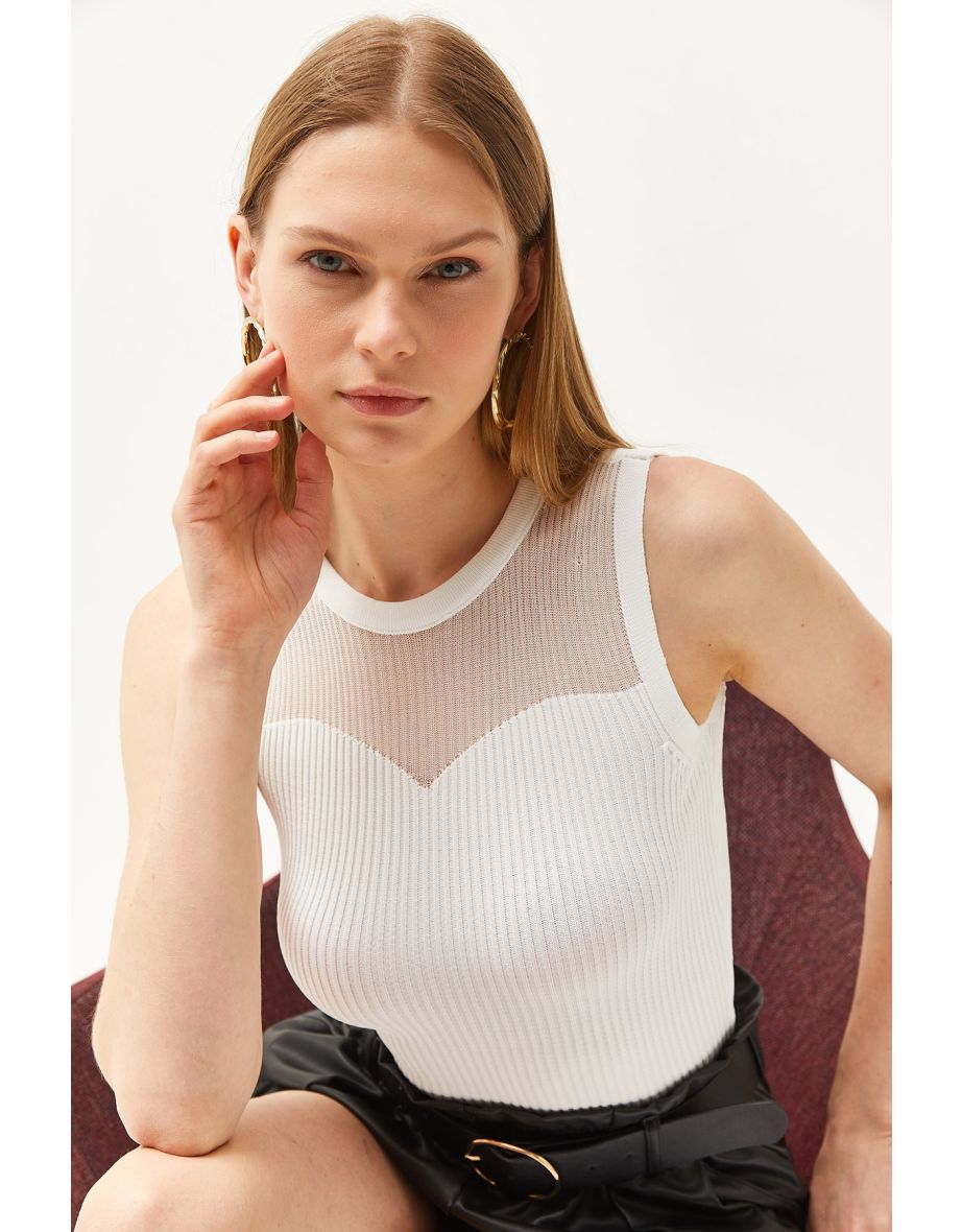 Women's White Roba Sheer Ribbed Knitwear Blouse - 6