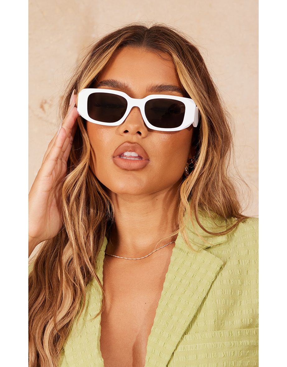 Shop White Diamond Detail Rectangular Frame Sunglasses Online in Oman VogaCloset