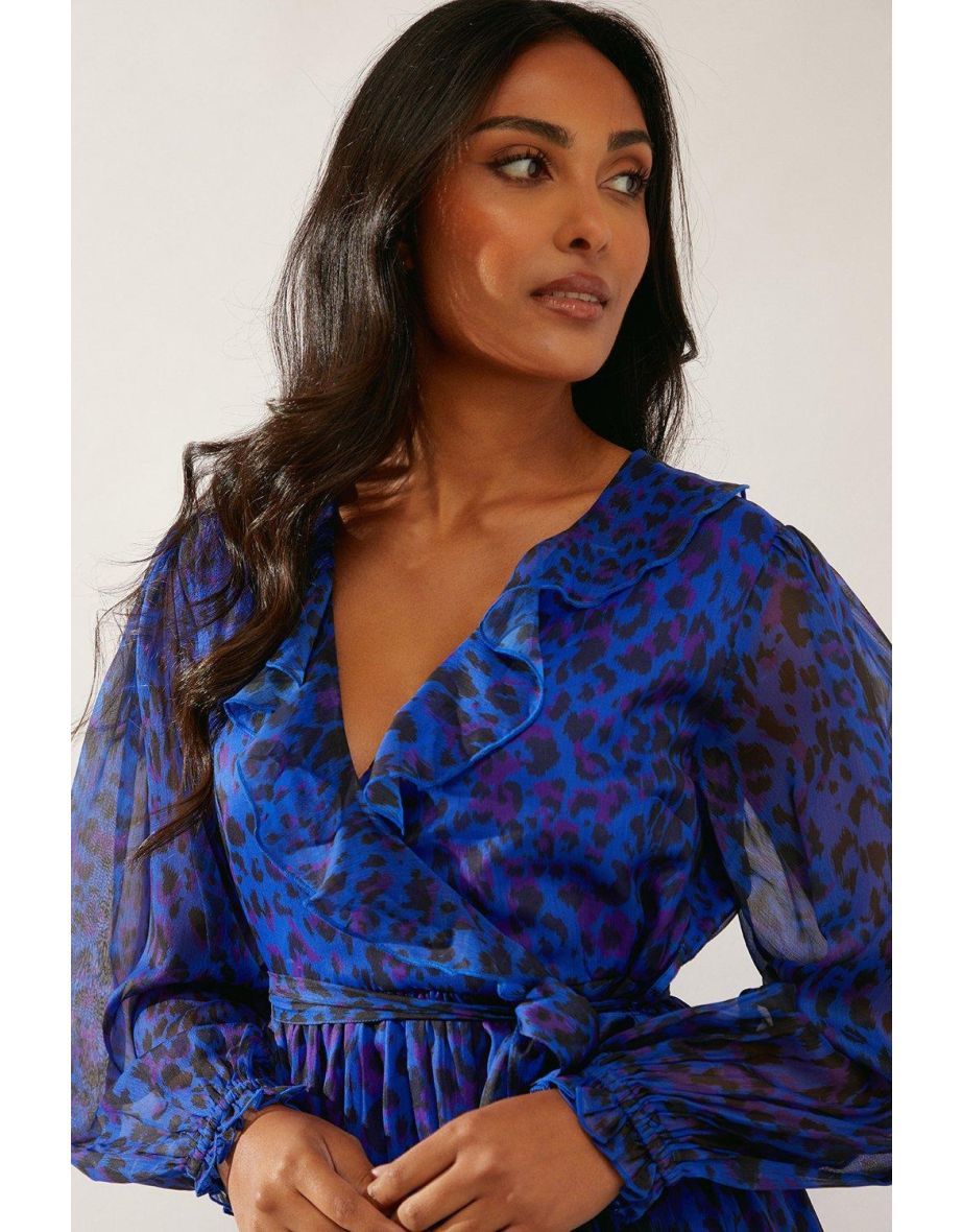 Petite Blue Leopard Ruffle Wrap Dress - 3