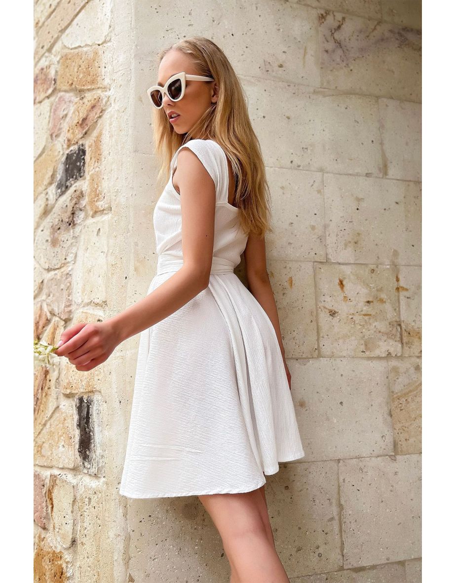 Women's Ecru Thick Strap Skirt Flounce Tied Belt Dress - 3