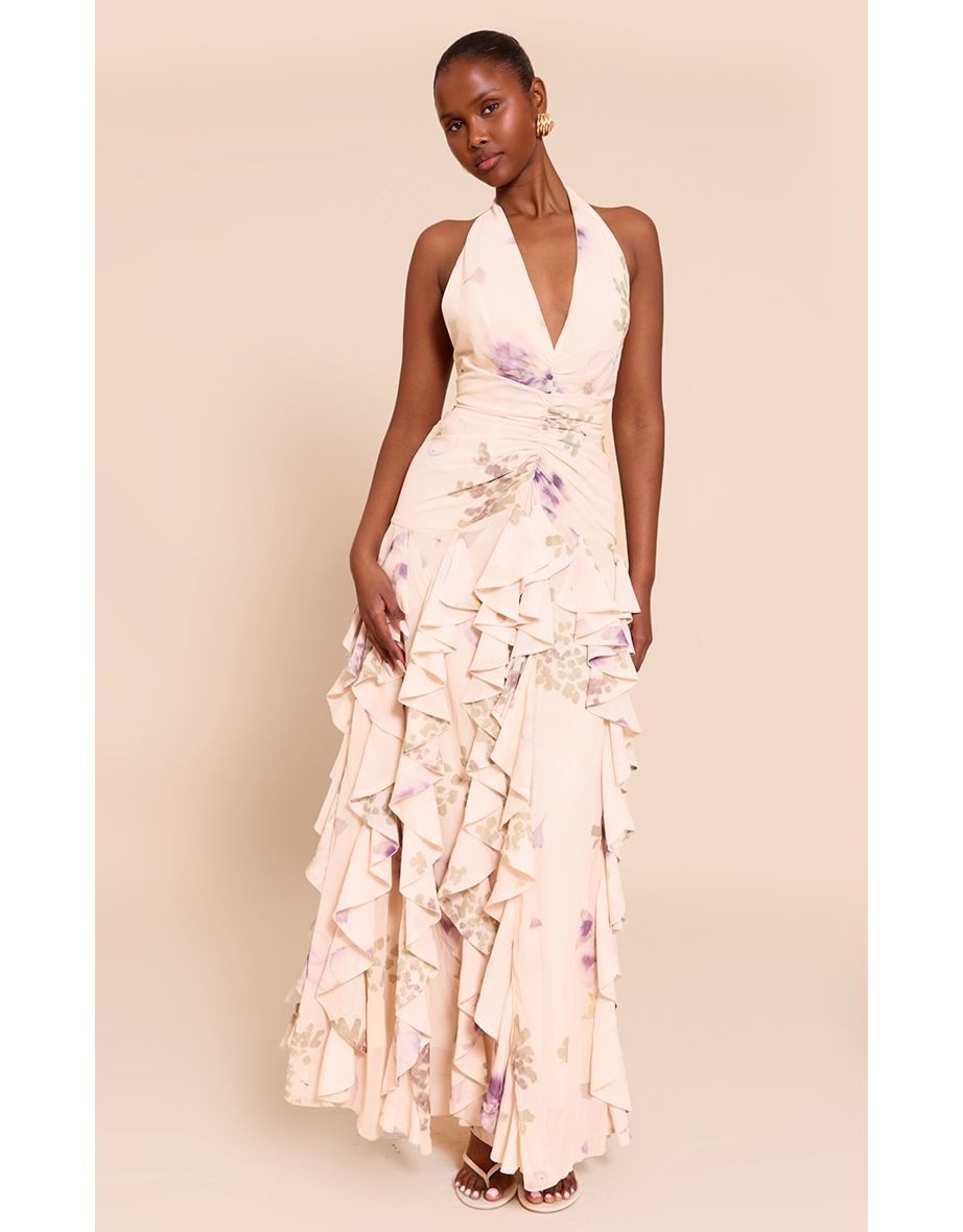 Stone Plunge Ruched Frill Detail Maxi Dress