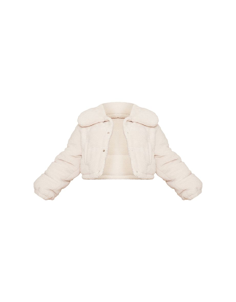 Cream Borg Cropped Puffer Coat - 4