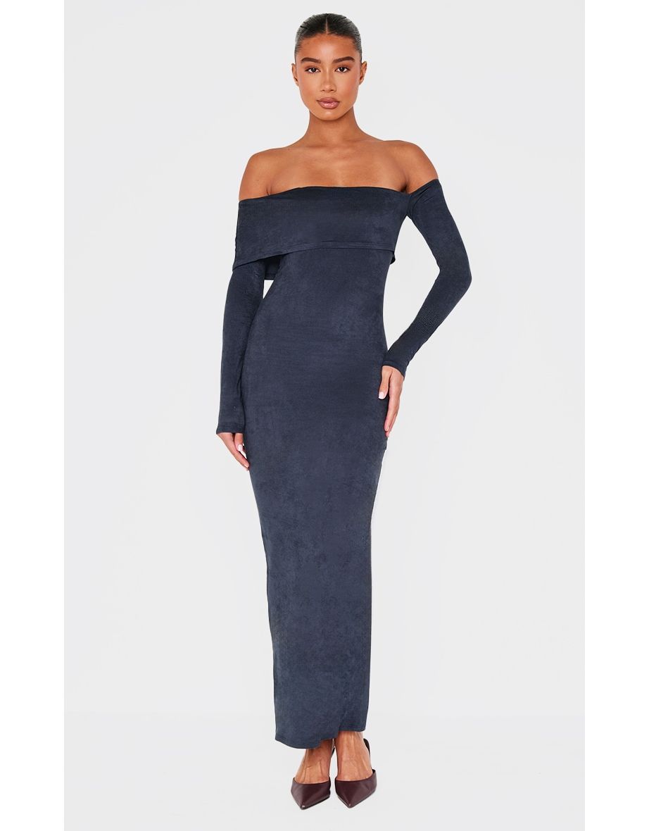 Black Faux Suede Bardot Long Sleeve Maxi Dress