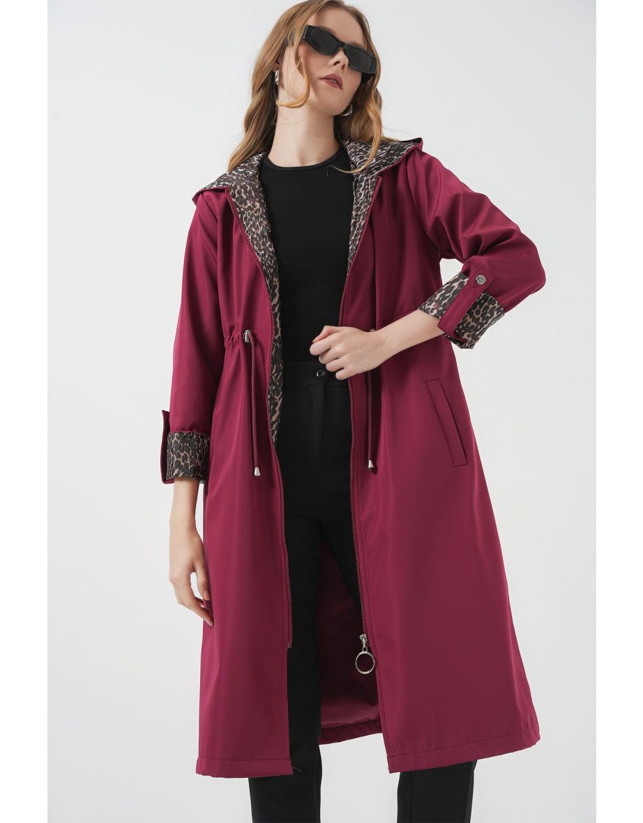 Waist Drawstring Hooded Trench Coat - Claret Red