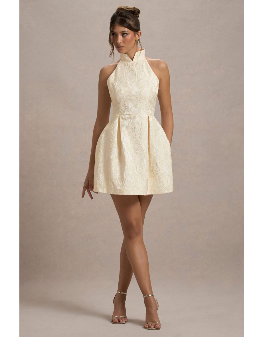 Costa | Ecru Jacquard High-Neck Mini Dress With Pleated Skirt