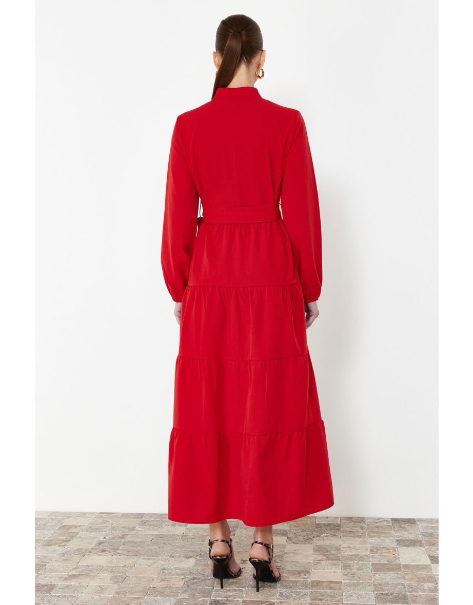 Red Belted Magnificent Collar Button Detailed Woven Dress - 5