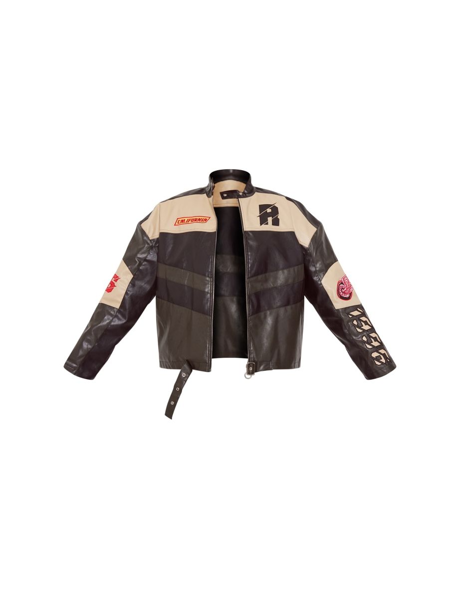 Plus Black Contrast Panel Oversized Faux Leather Motocross Jacket - 4