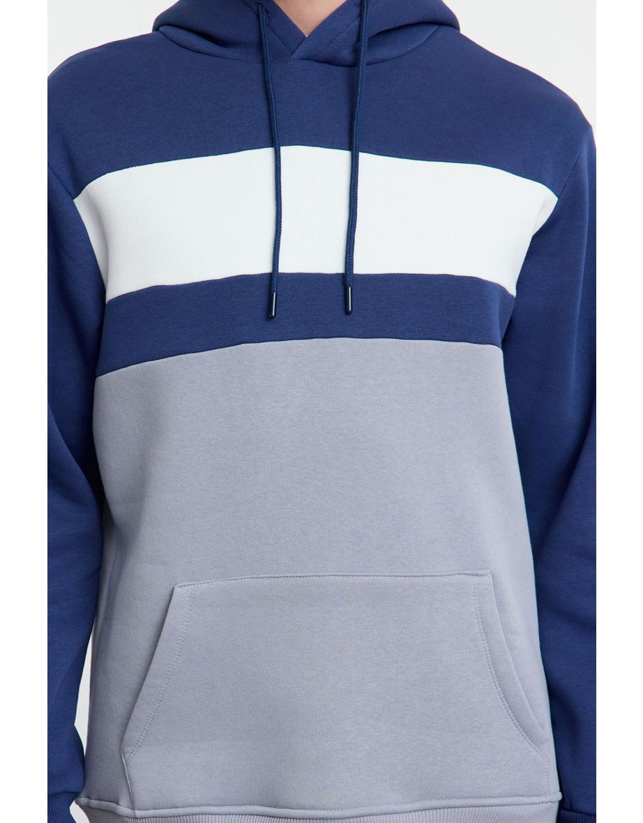 Navy Blue Regular/Normal Cut Color Block Hooded Fleece Inside Sweatshirt - 5