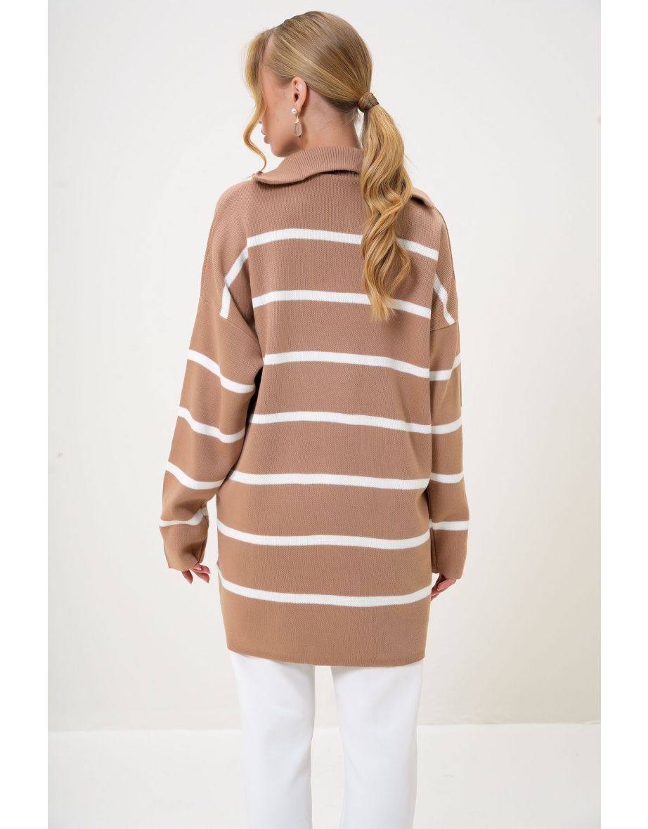 Women's Biscuit Turtleneck Zipper Detail Striped Knitwear Sweater Tunic - 4