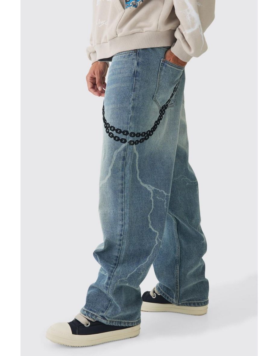 Baggy Rigid Laser Print Lightning Jeans - vintage blue
