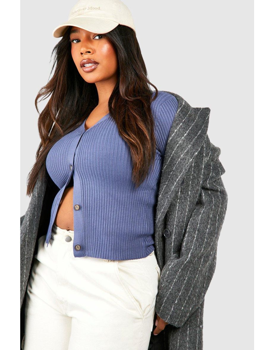 Plus Rib Knit Crop Cardigan - denim-blue - 3