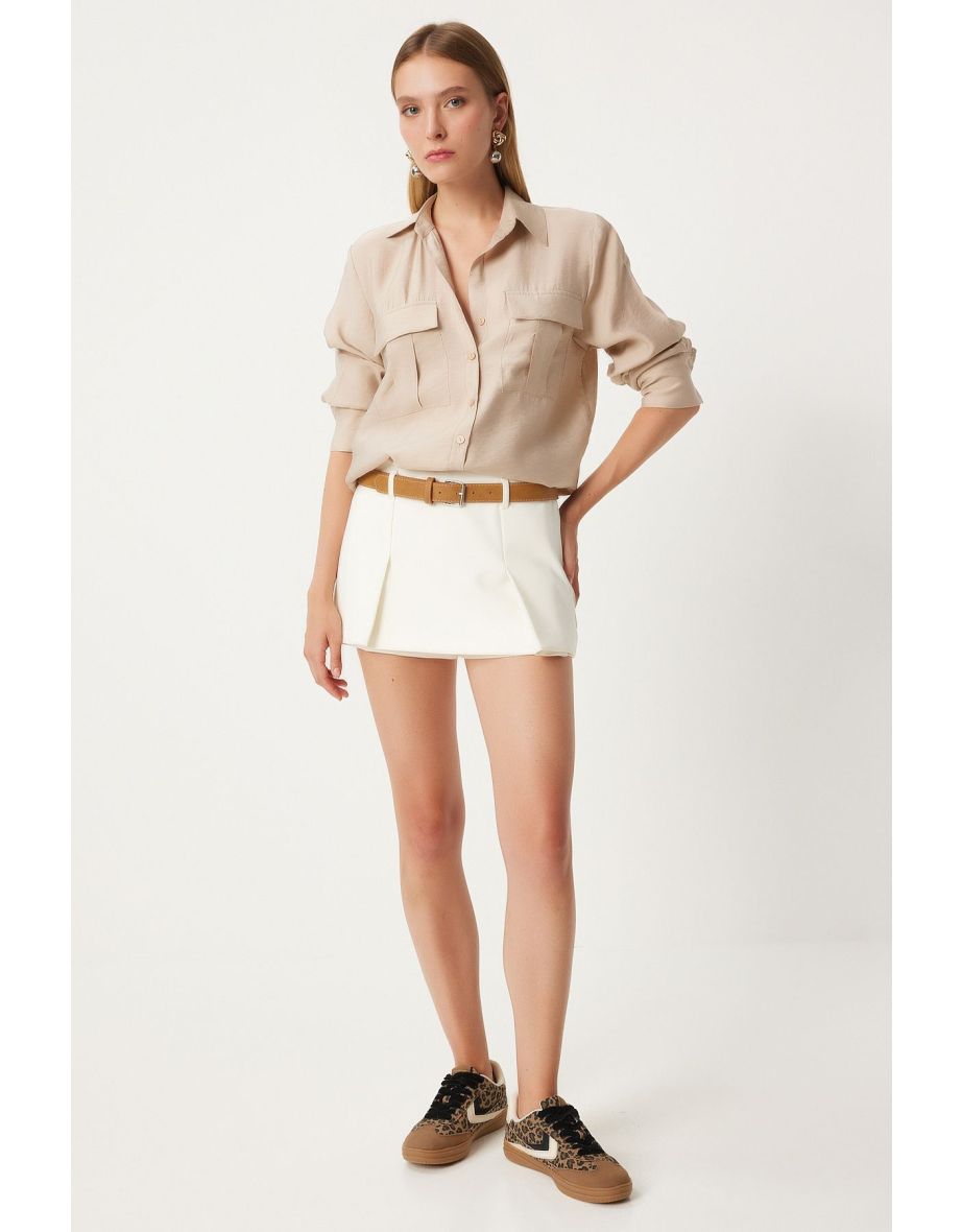 Women's Beige Wide Pocket Tencel Shirt