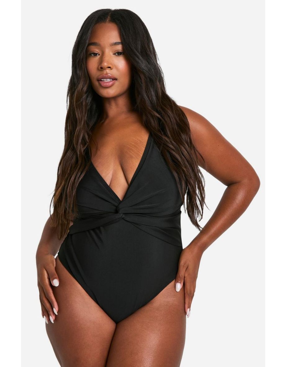 Plus Tummy Control Twist Plunge Swimsuit - black