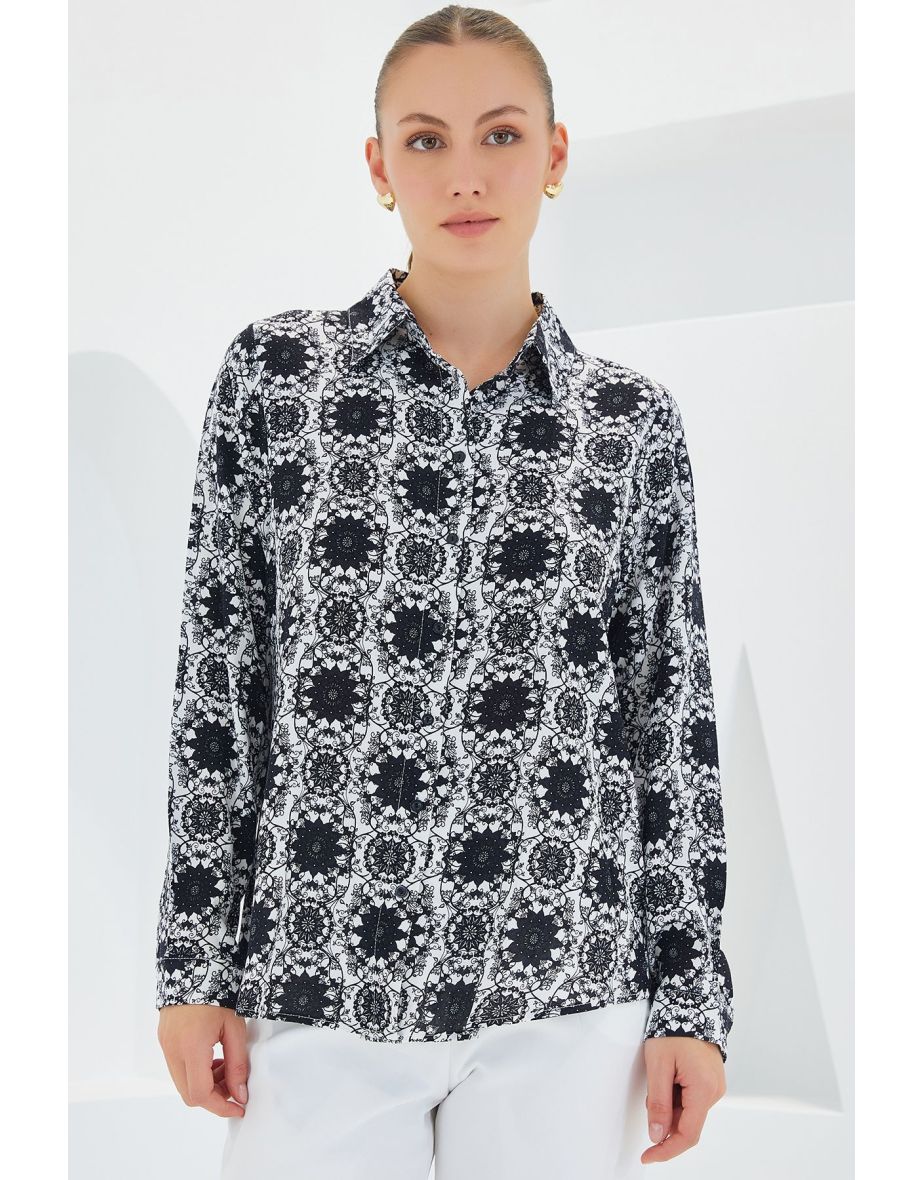 Women's Black and White Graphic Patterned Viscose Shirt