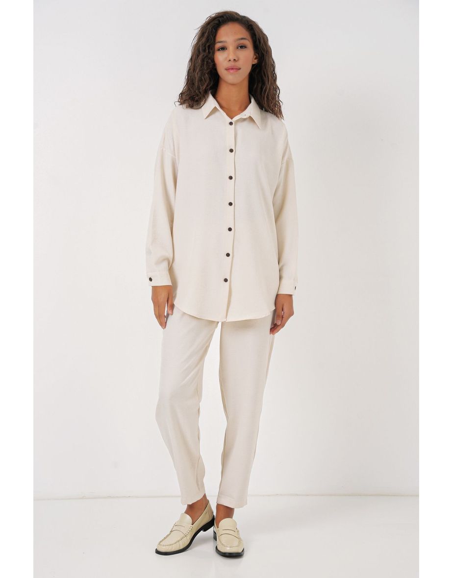 Women's Ecru Oversize Linen Bottom Top Set