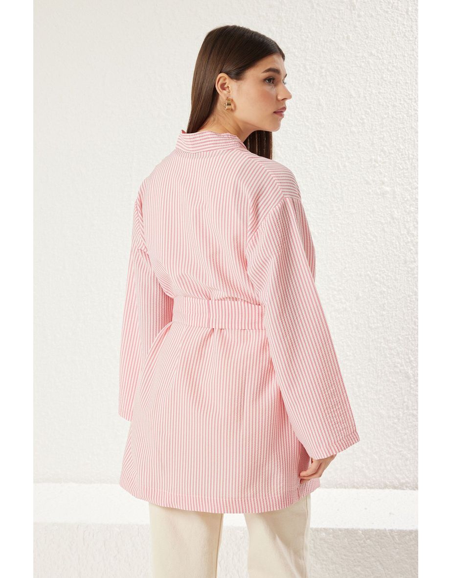 Pink Belted Woven Seersucker Striped Kimono & Kaftan - 7