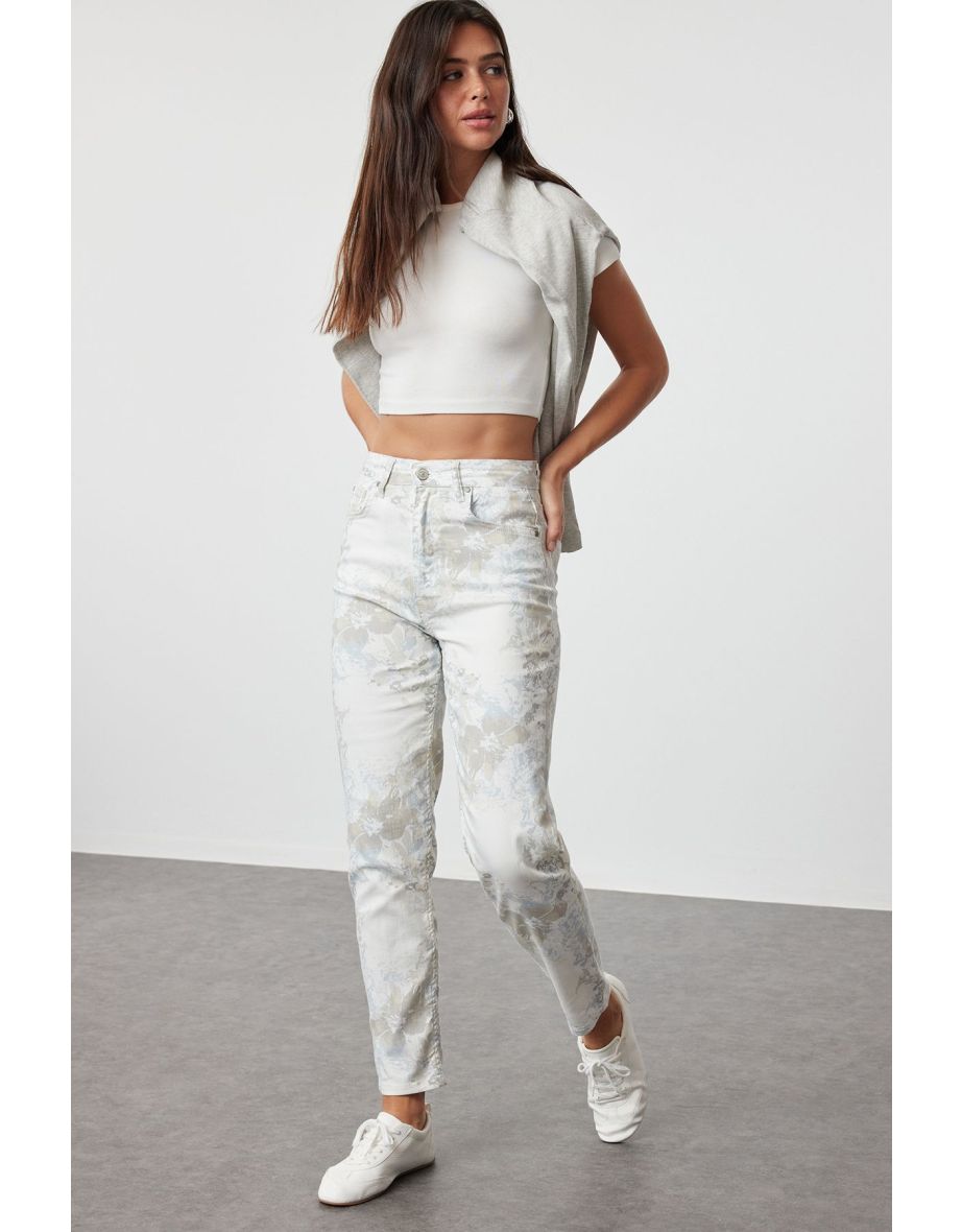 Multicolored Floral Printed Comfort High Waist Mom Jeans