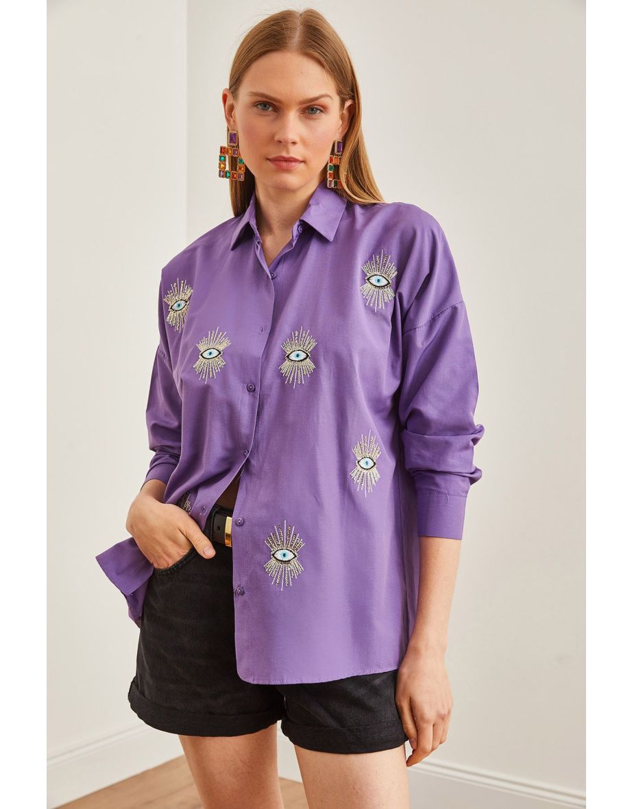 Women's Eye Purple Sequin Detailed Woven Boyfriend Shirt
