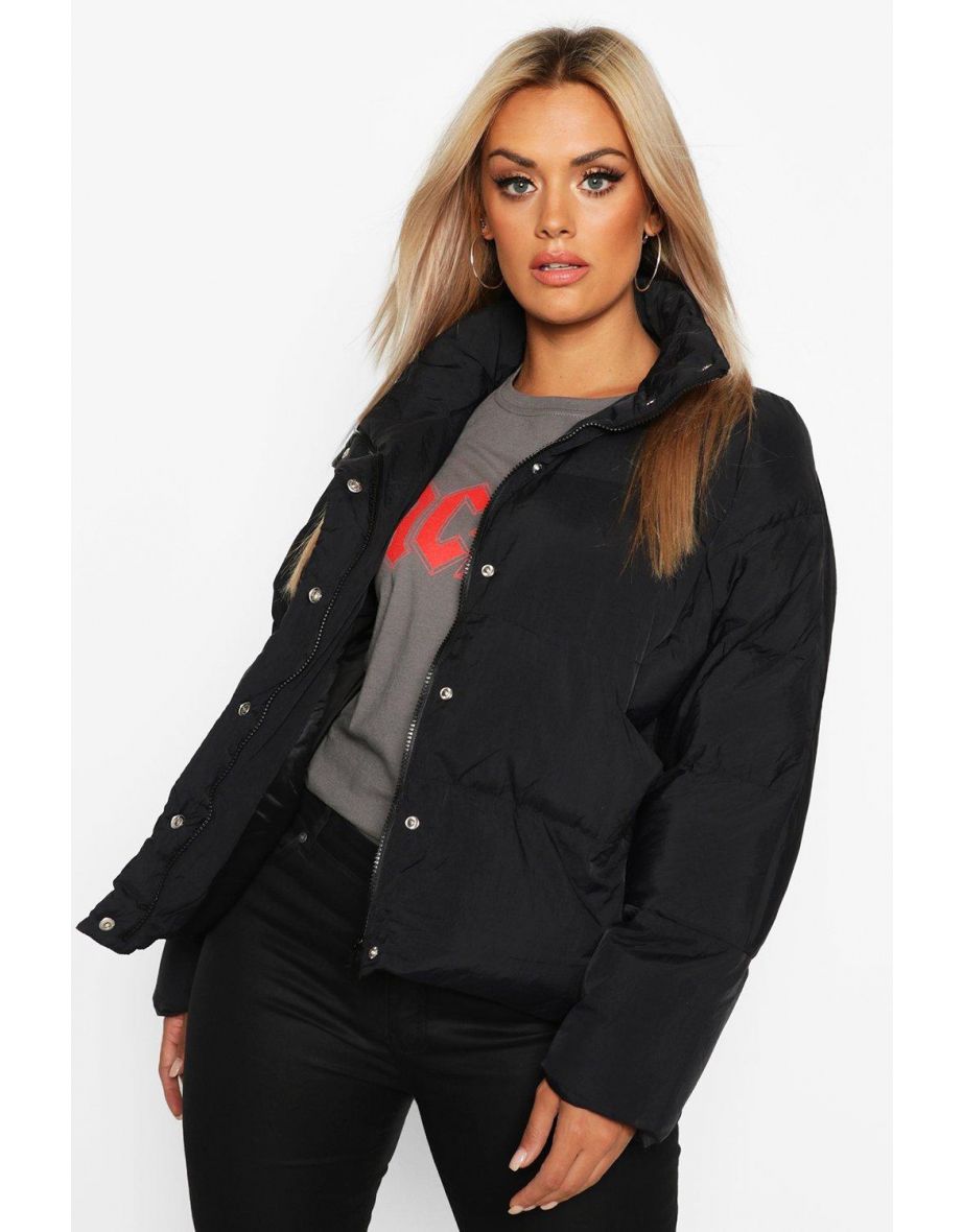 Plus Funnel Neck Cropped Puffer Jacket - black