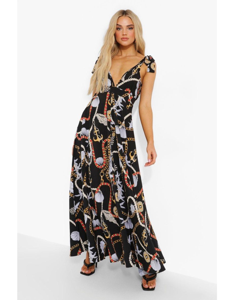 Nautical Print Tie Shoulder Plunge Maxi Dress - black - 3