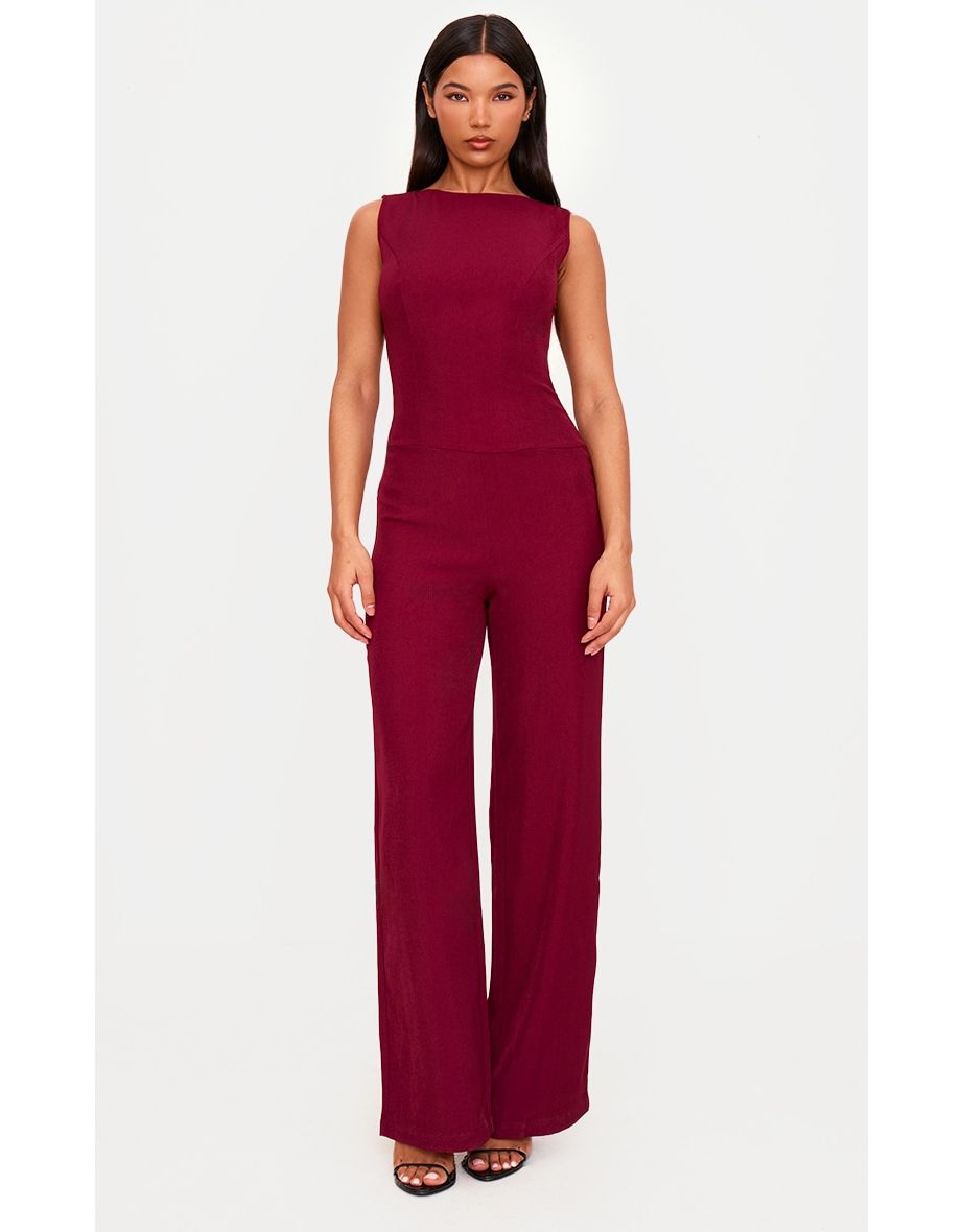 Burgundy Structured Woven Open Back Detail Straight Leg Jumpsuit