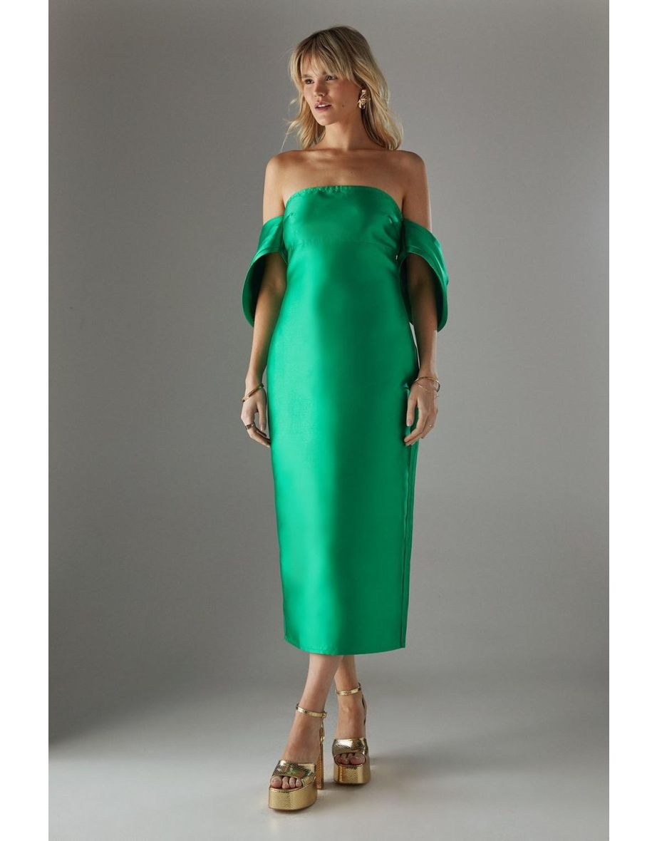 Structured Puff Sleeve Bardot Midi Dress