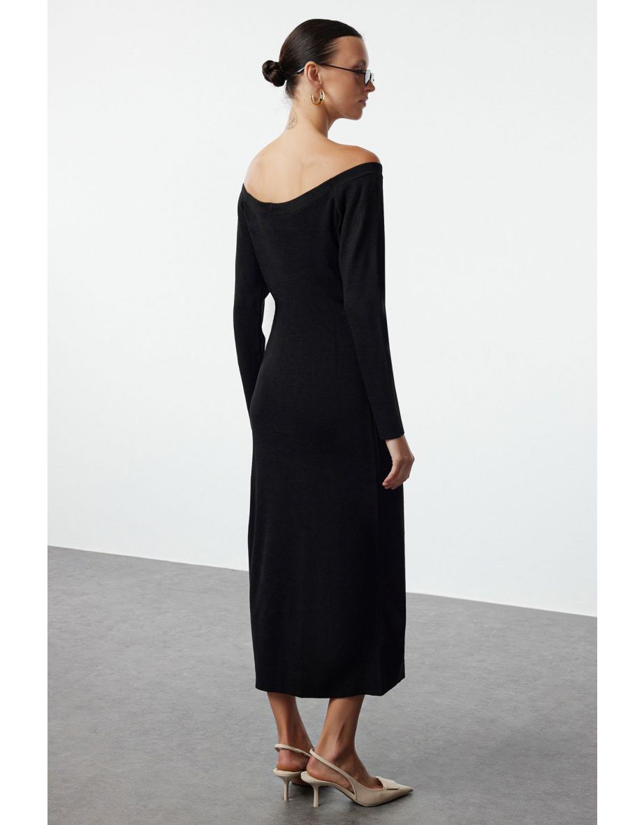 Black Maxi Knitwear Boat Neck Dress - 4