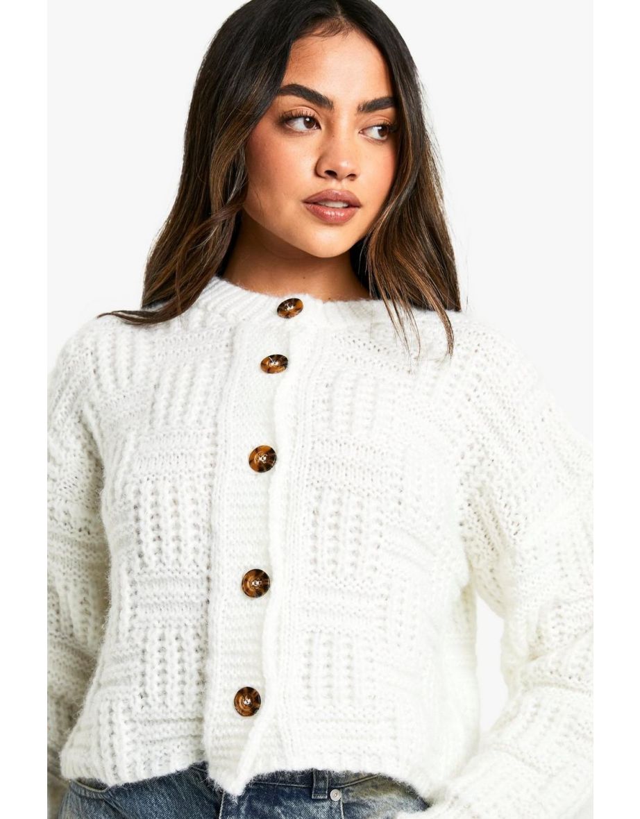 Square Knit Detail Oversized Crop Cardigan - cream - 3