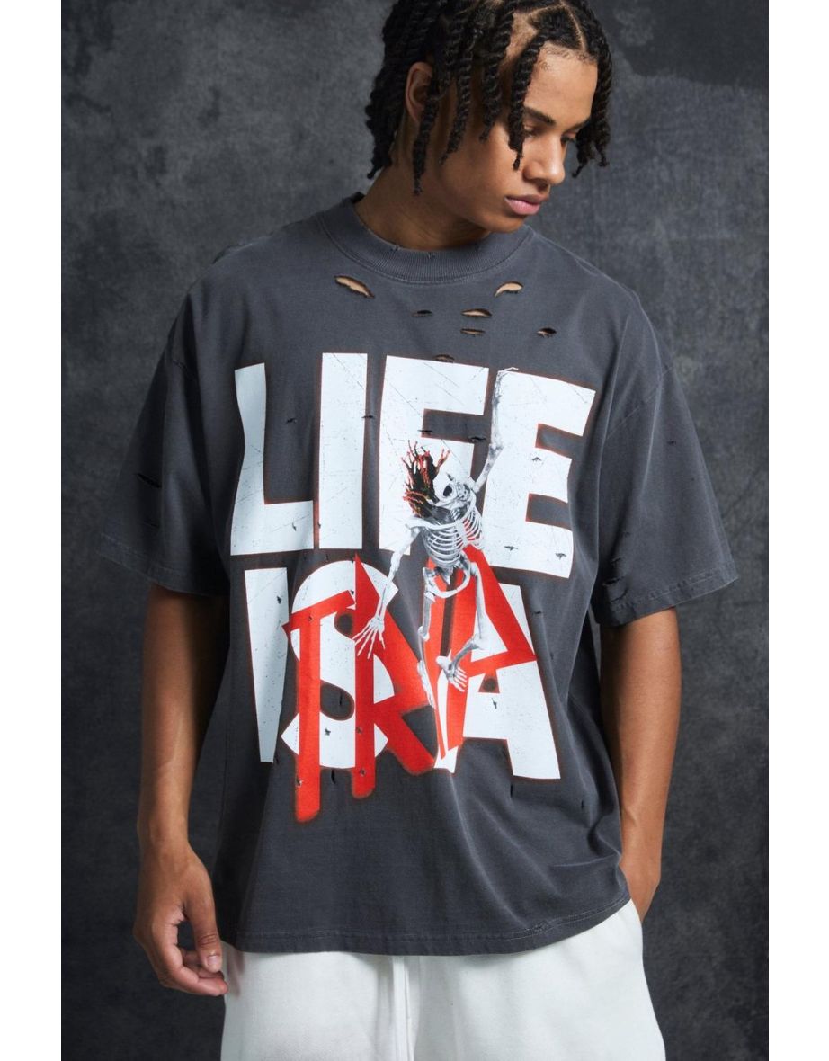 Trippie Redd Oversized Extended Neck Heavyweight Washed  Life T-shirt - charcoal