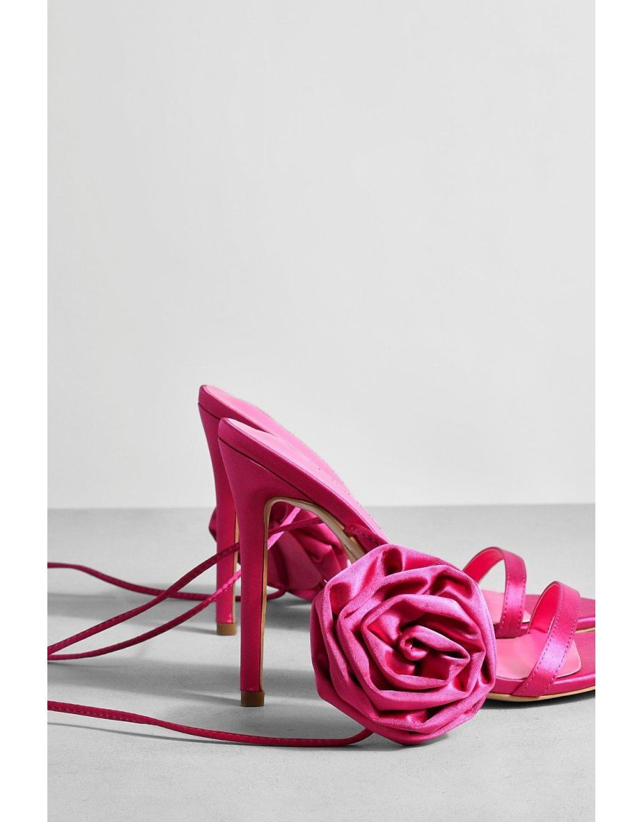 Satin Rose Detail Lace Up Heels - hot pink - 3