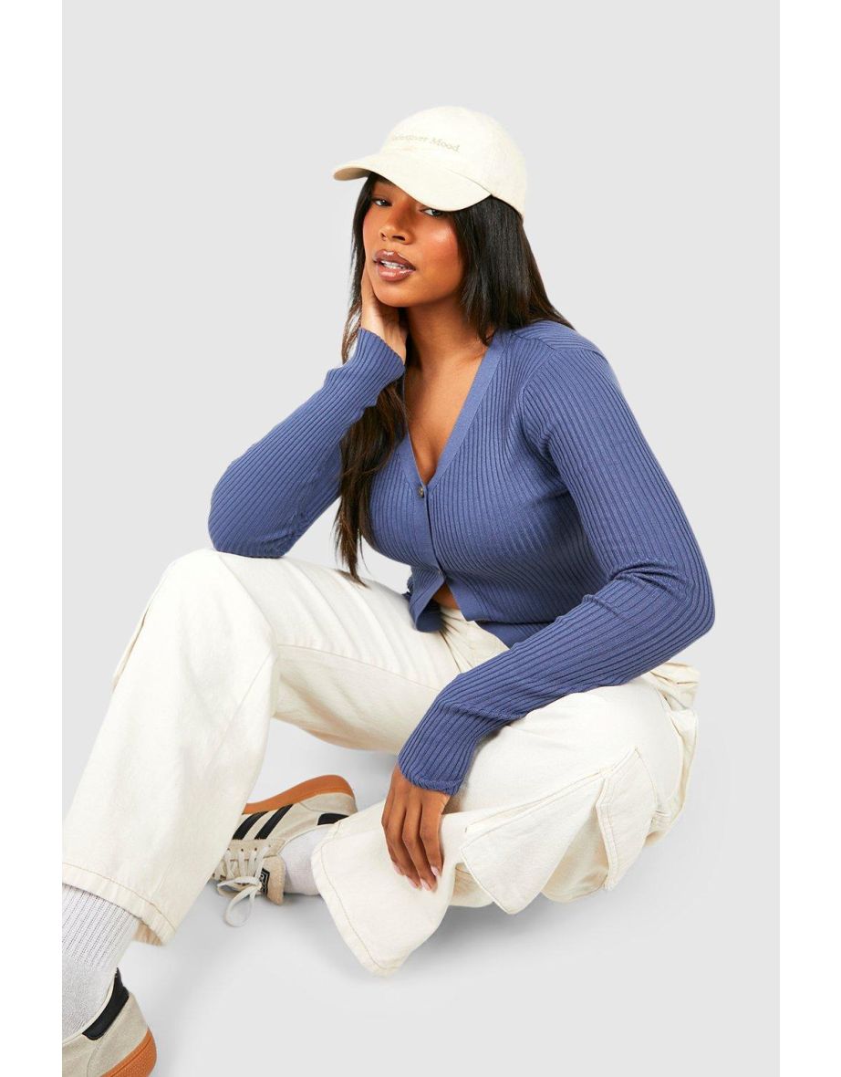 Plus Rib Knit Crop Cardigan - denim-blue
