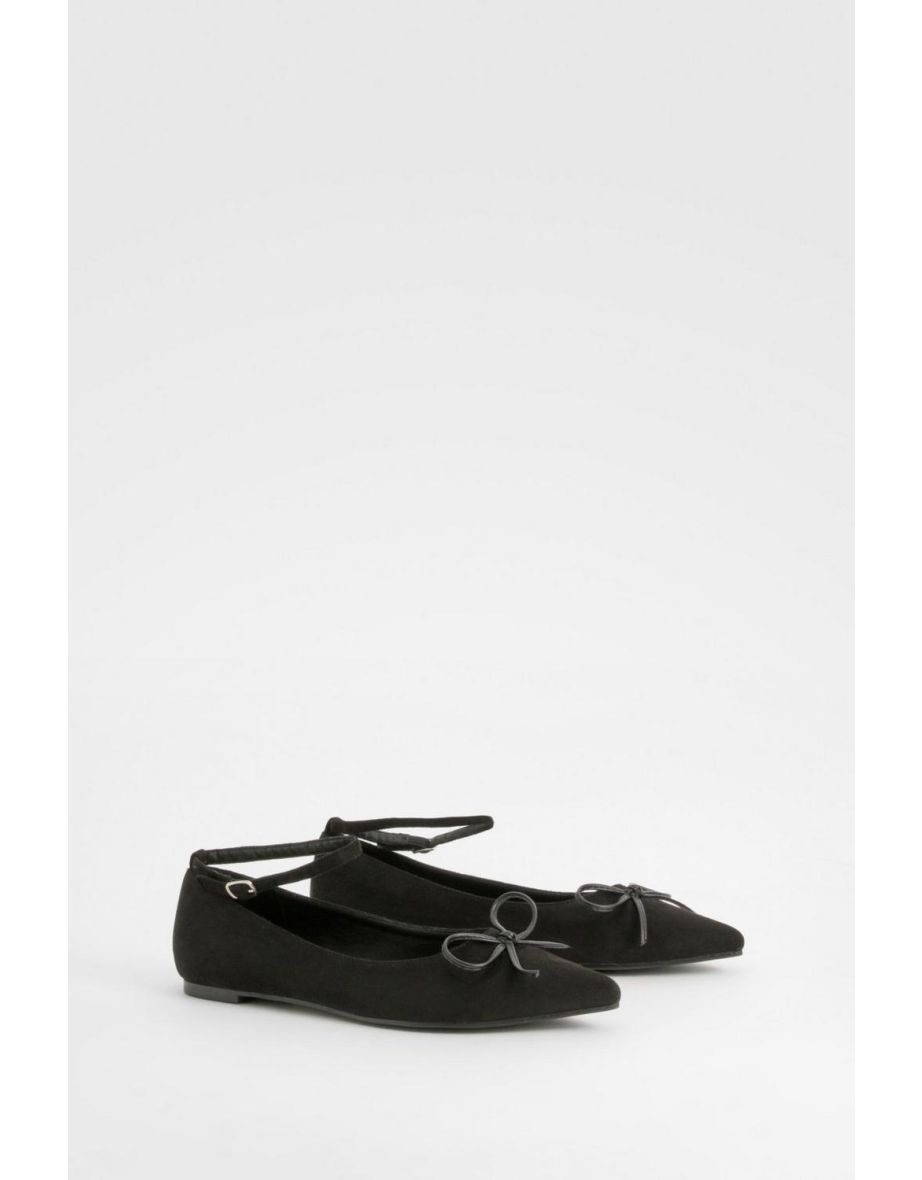 Bow Detail Ankle Strap Pointed Flats - black