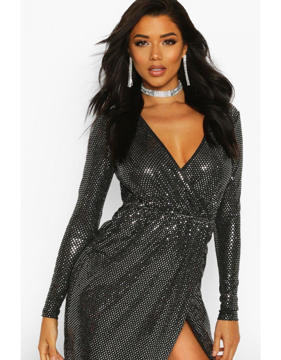 Sequin Wrap Plunge Midi Dress - silver - 3