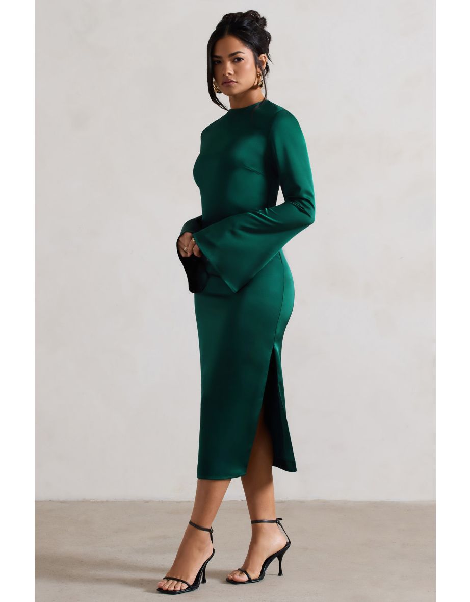 Zaina | Bottle Green Long Sleeve Dress with High Neckline - 4