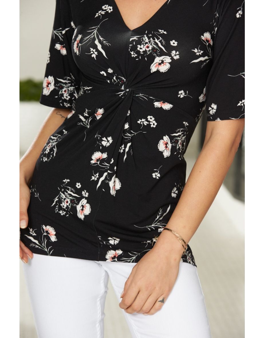 Black Floral Print Angel Sleeve Twist Front Jersey Top - 4