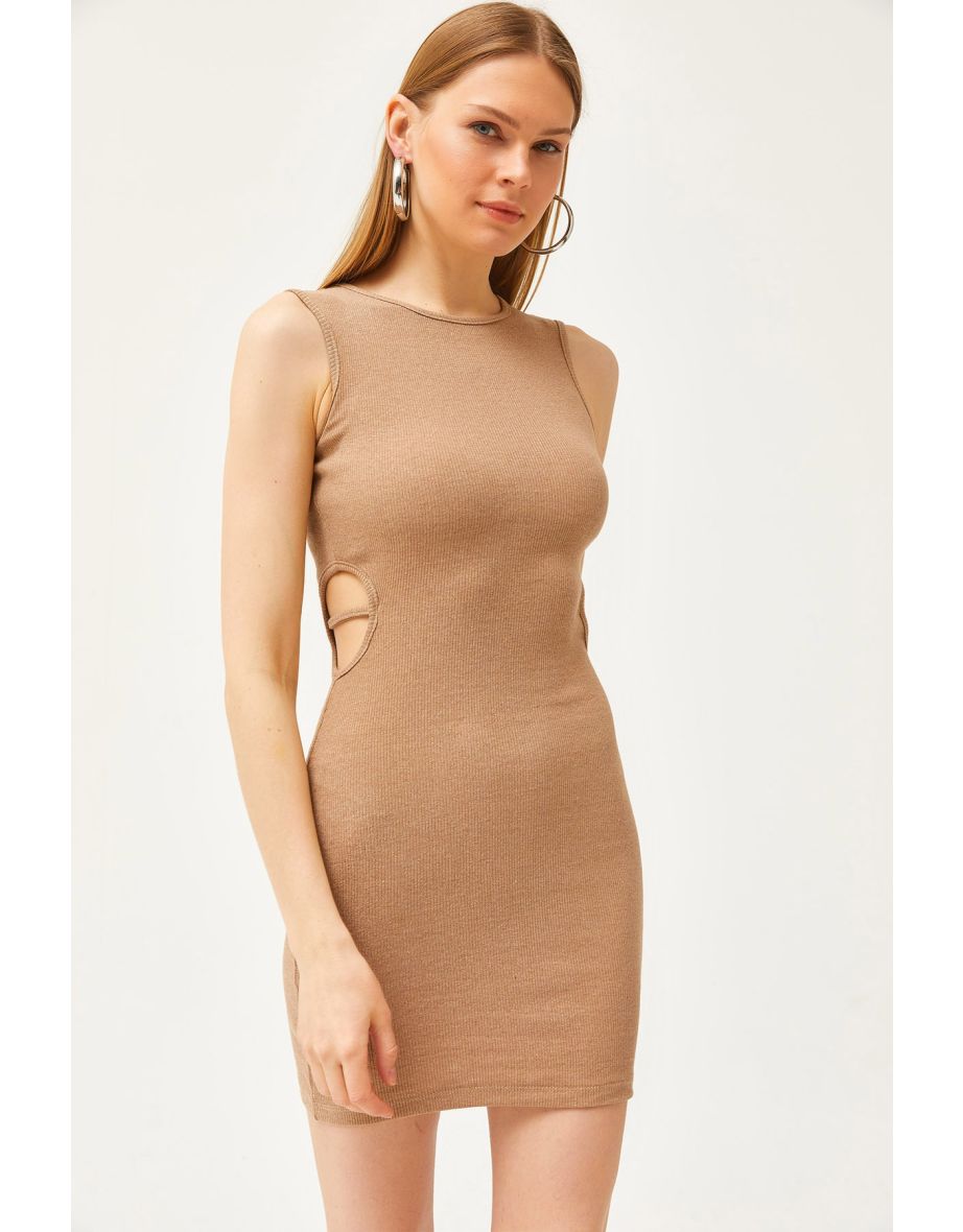 Women's Camel Side Cut Out Detail Lycra Mini Dress