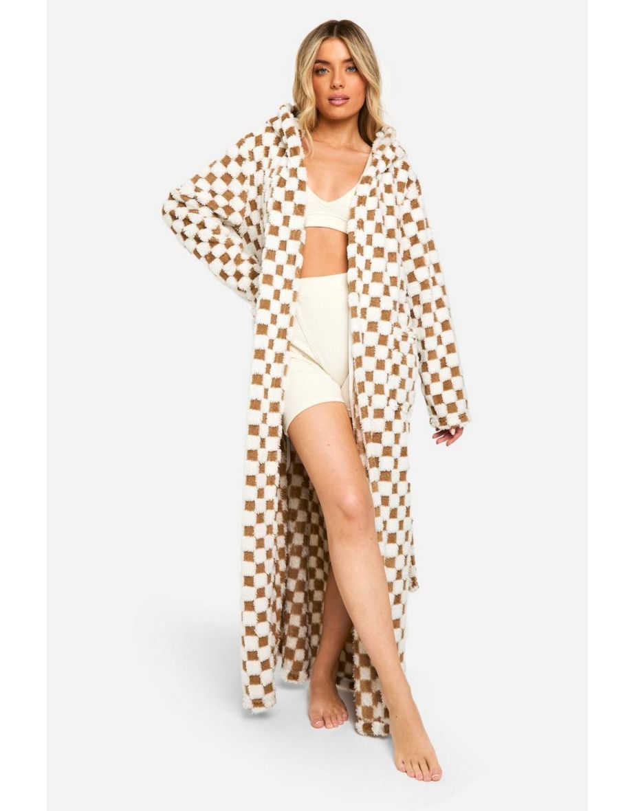 Tonal Checkerboard Maxi Fleece Dressing Gown - brown