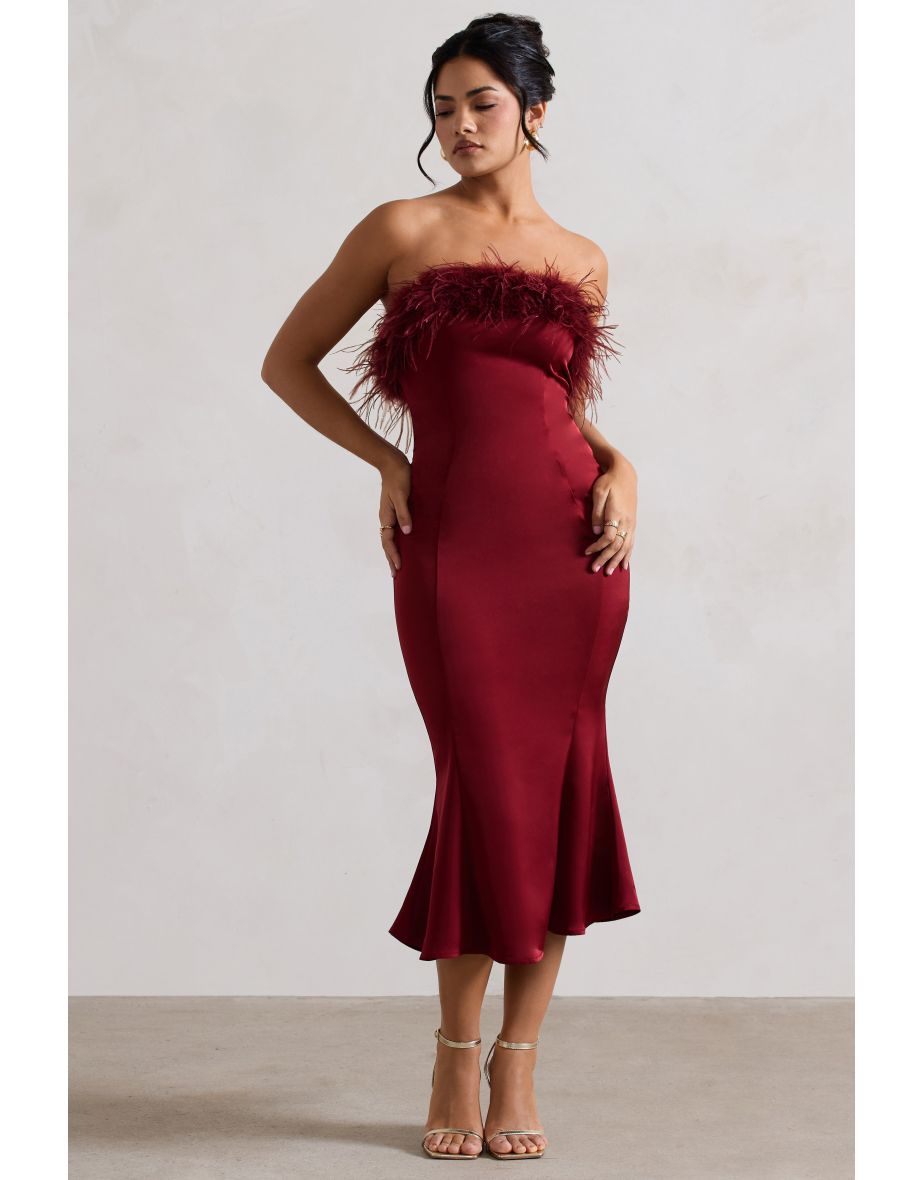 One And Only | Berry Satin Feather Trim Midaxi Dress