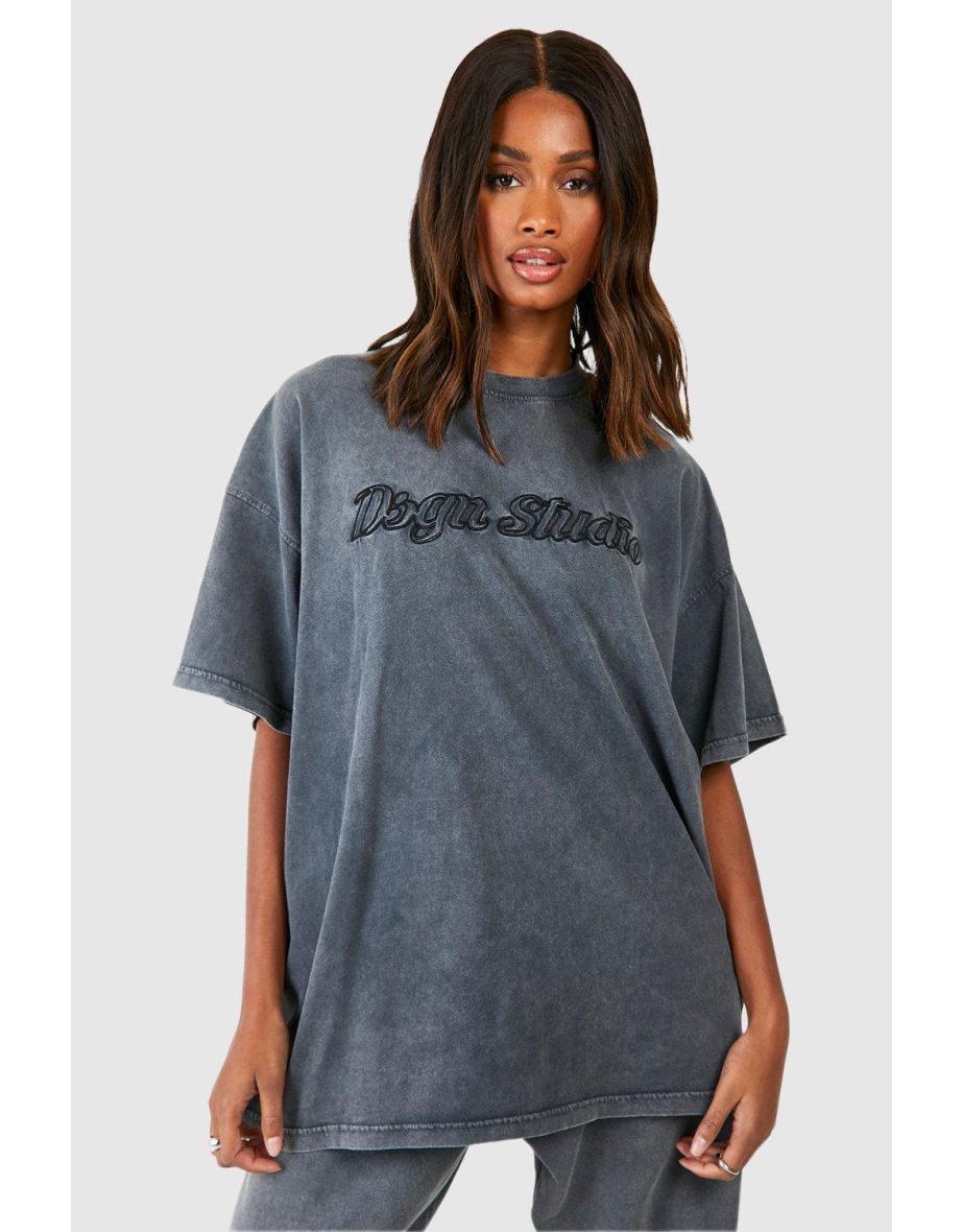 Dsgn Studio 3d Embroidered Acid Wash Oversized T-shirt - charcoal