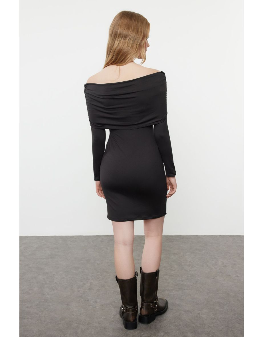 Black Soft Touch/Soft Fabric Fitted Carmen Collar Stretchy Knitted Dress - 4