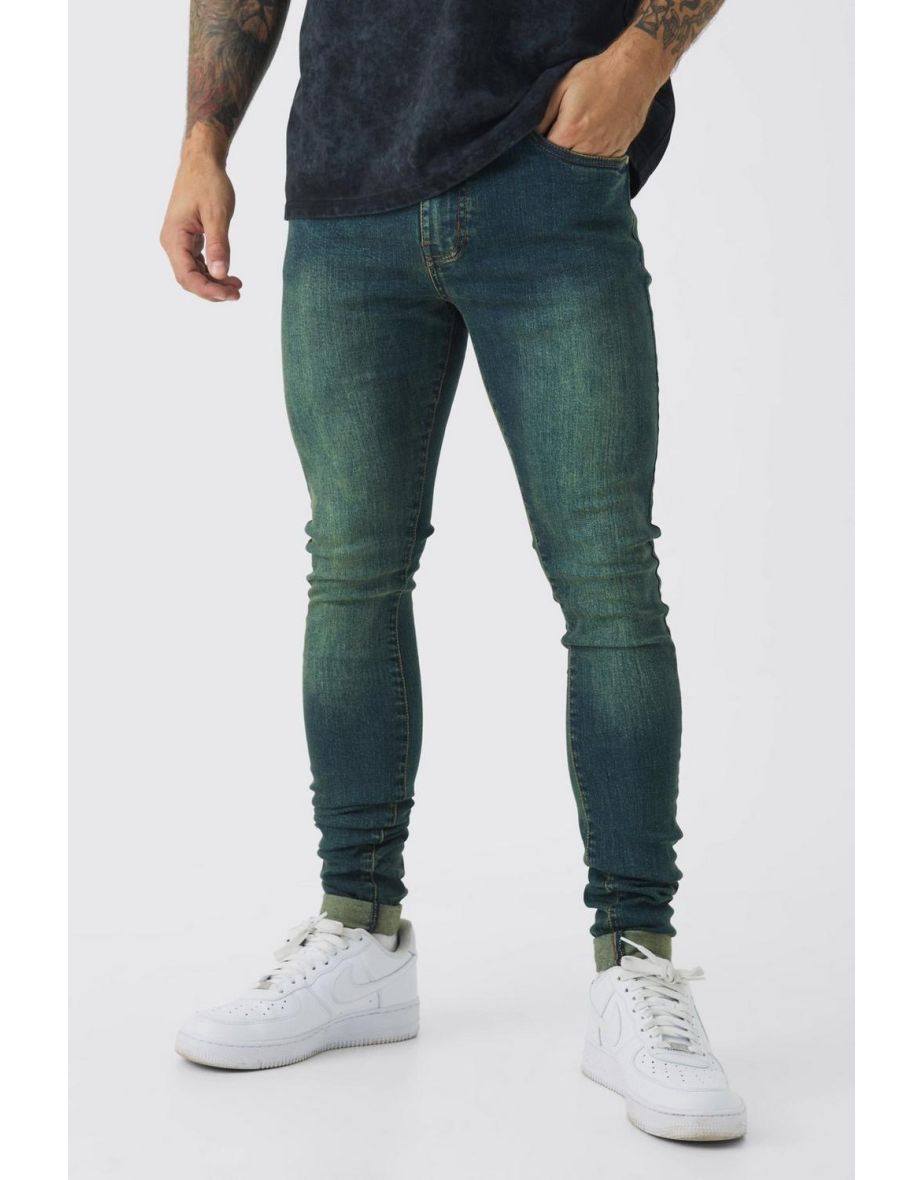 Super Skinny Stretch Stacked Green Tinted Jeans - dark green