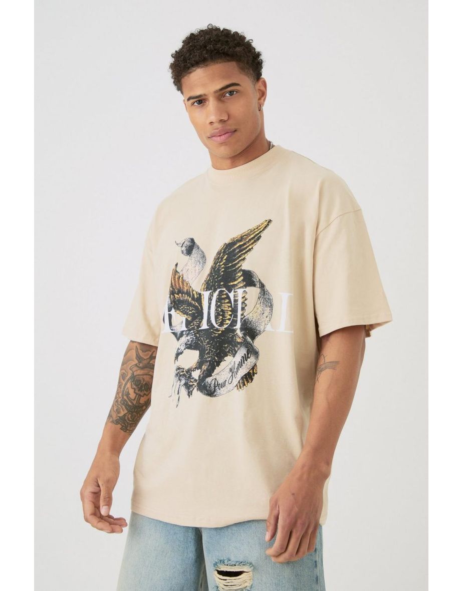 Oversized Extended Neck Heavyweight Official Bird Graphic T-shirt - sand