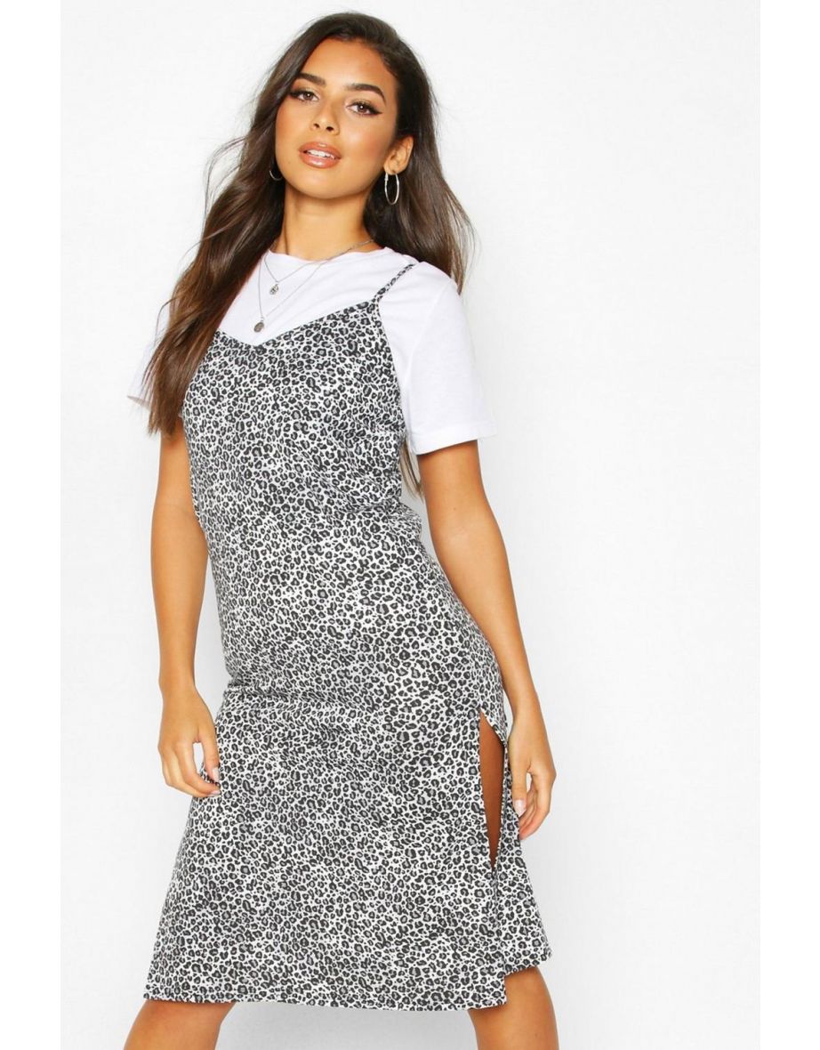 Leopard Print Jersey Slip Midi Dress - grey - 3