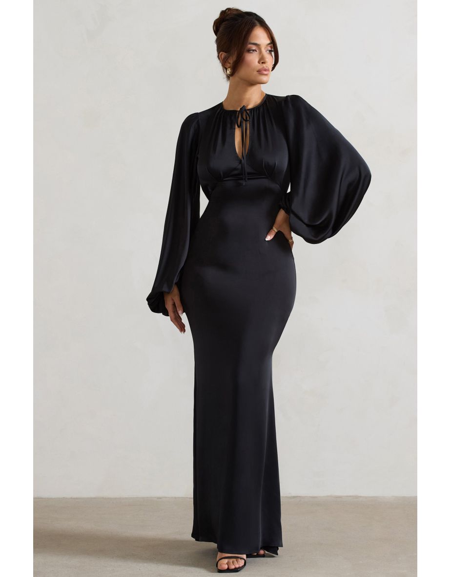 Wild Rose | Black Satin Puff-Sleeve Cut-Out Maxi Dress