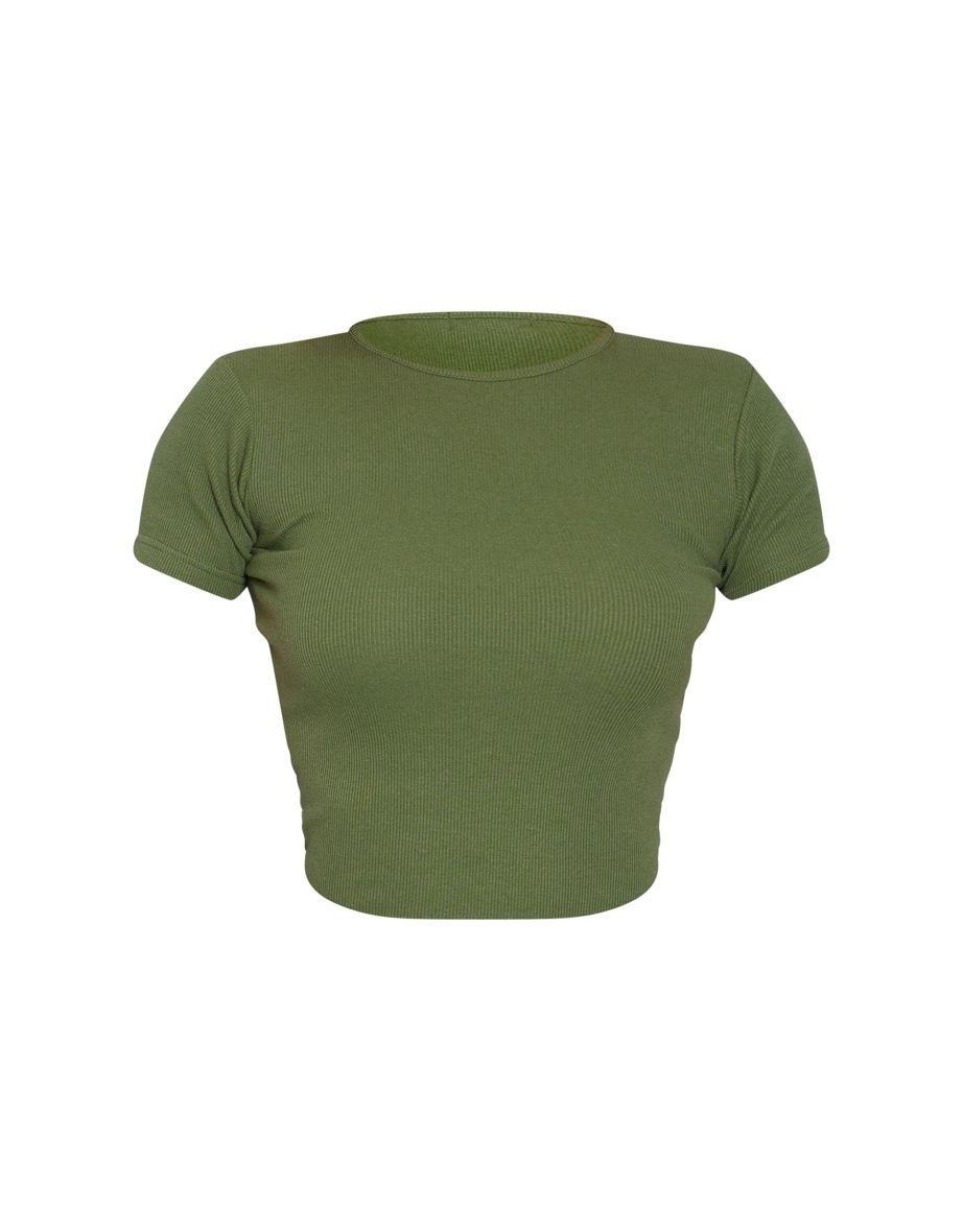 Khaki Ribbed Short Sleeve T Shirt - 4