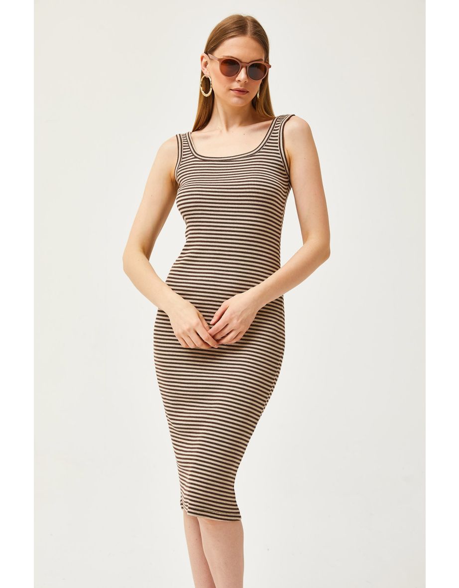Women's Brown Stone Thick Strap Lycra Midi Dress - 6