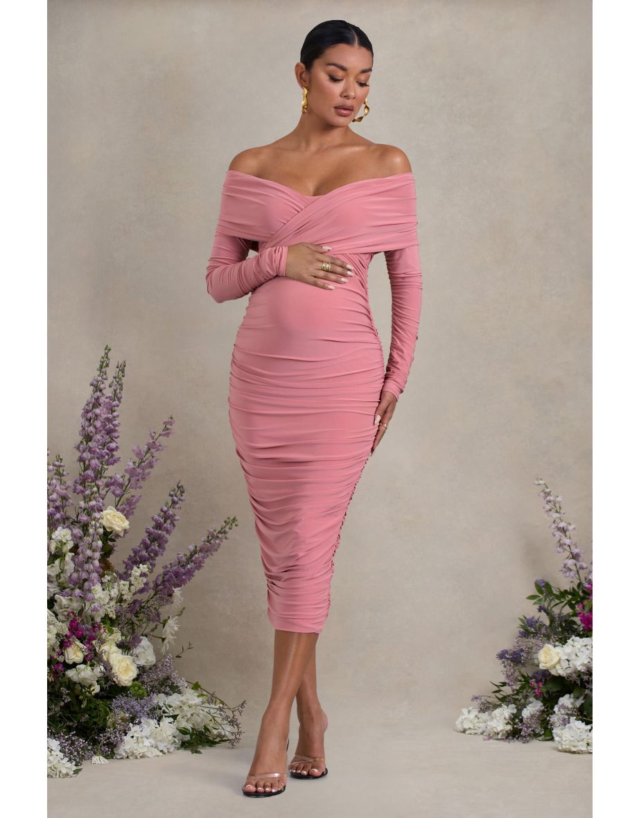 Davina | Blush Pink Ruched Twist Bardot Long-Sleeve Maternity Midi Dress - 3