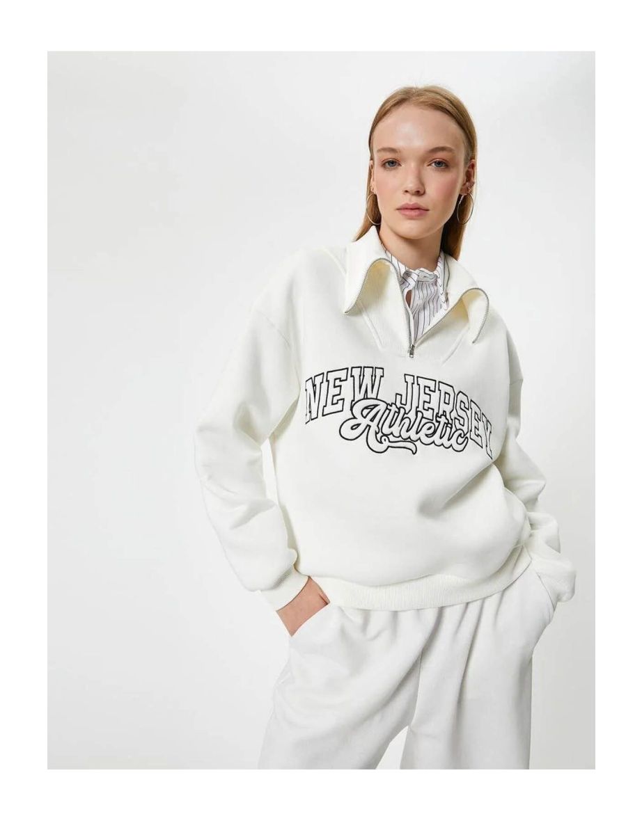 Shop College Sweatshirt Printed Half Zipper Relax Fit Embroidered Ribbed Online in Qatar VogaCloset